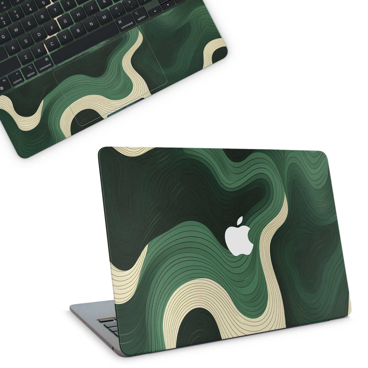 Macbook skin with green swirls on macbook top
