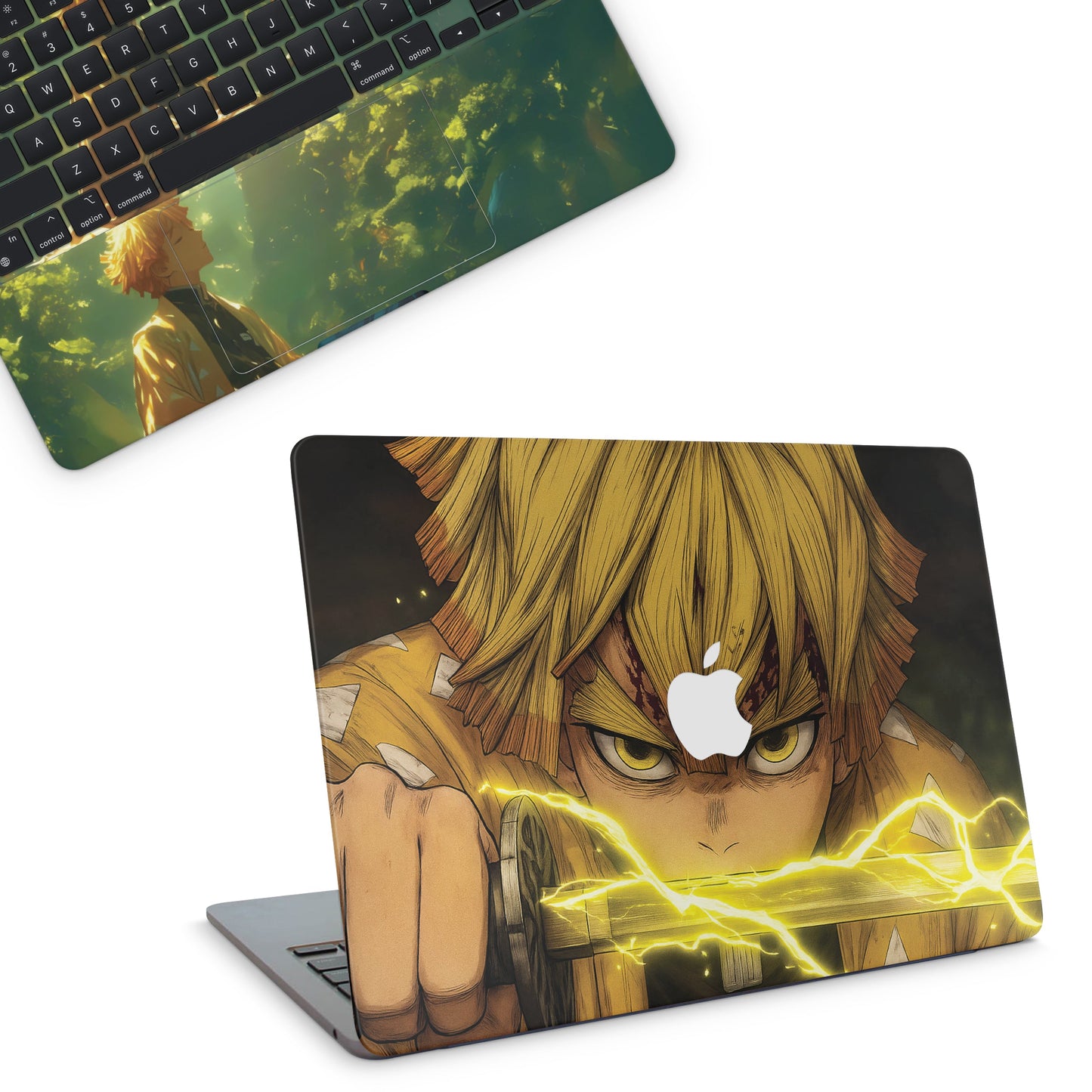 Macbook skin with demon slayer zenitsu design on top