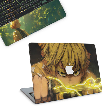 Macbook skin with demon slayer zenitsu design on top
