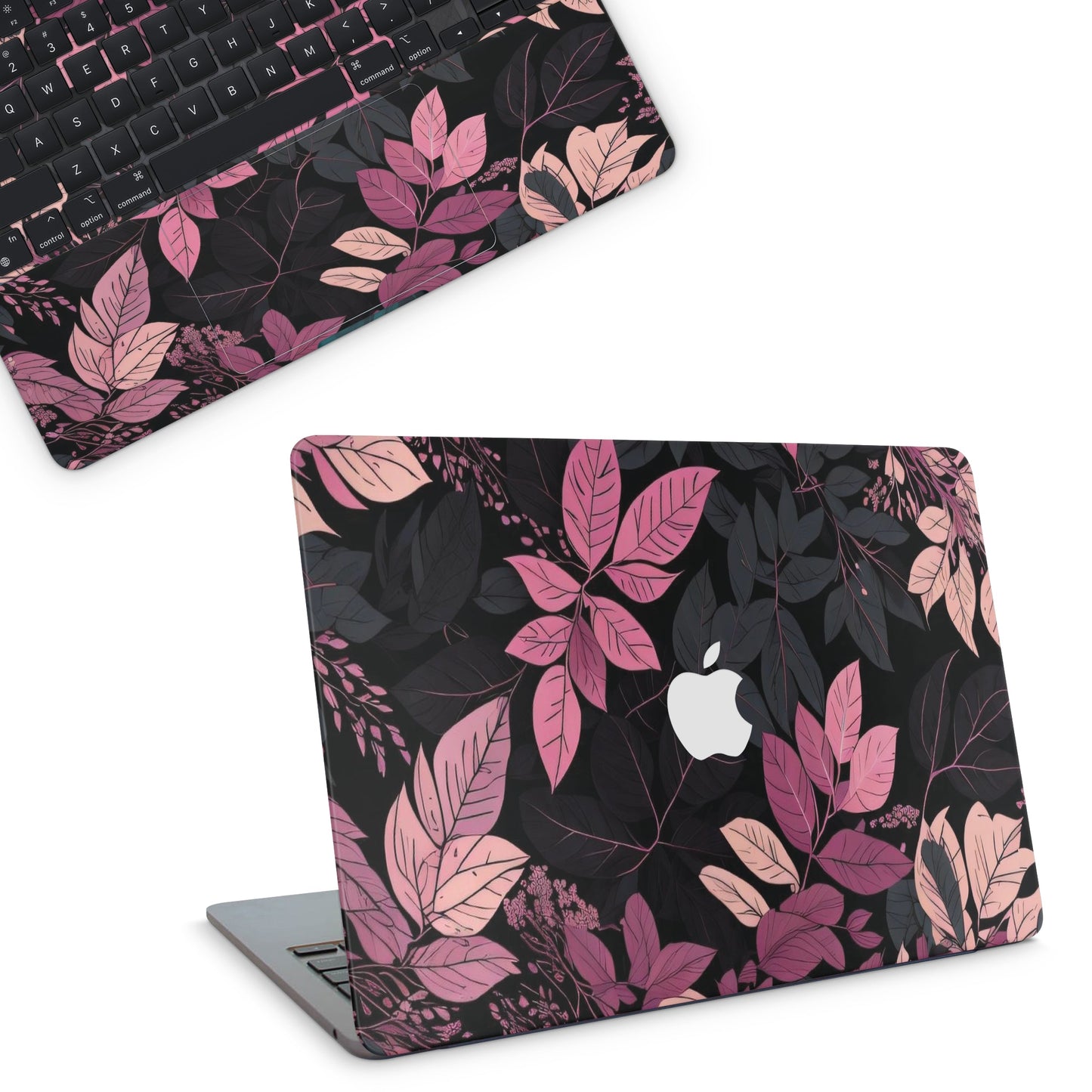 Laptop with a floral design skin on a white background