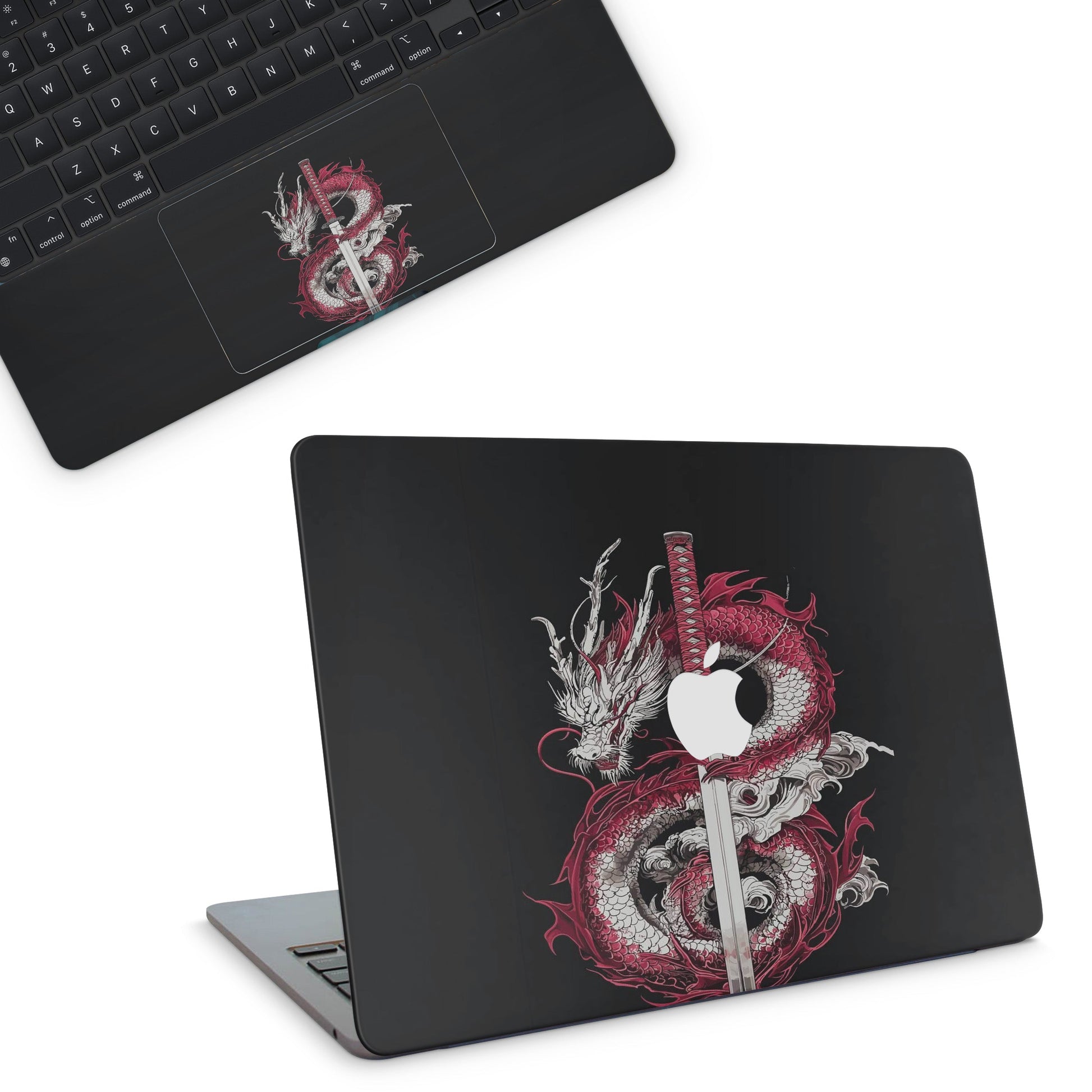 Macbook Skin - a dragon and sword design on a black background (top)
