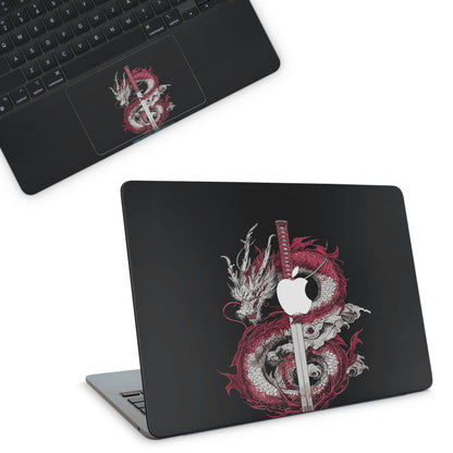 Macbook Skin - a dragon and sword design on a black background (top)