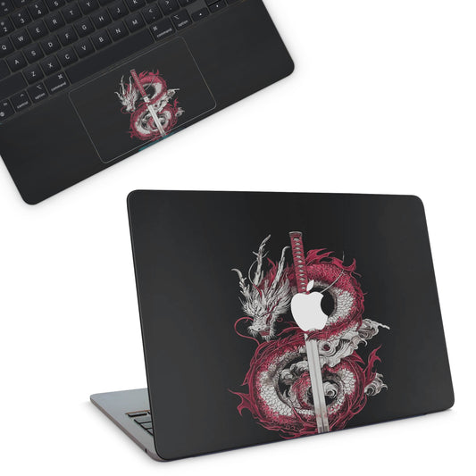 Macbook Skin - a dragon and sword design on a black background (top)