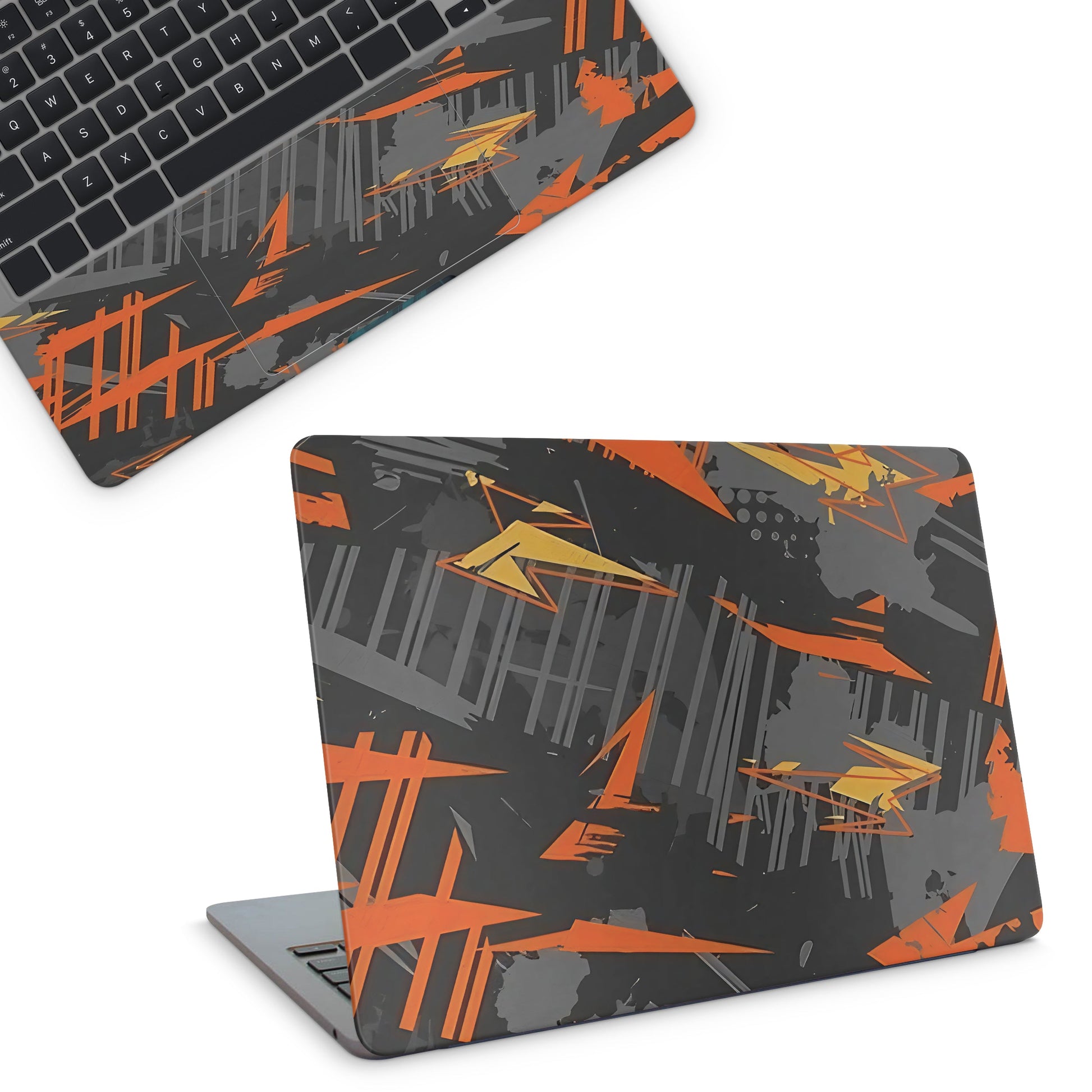 laptop skin with orange and black abstract pattern