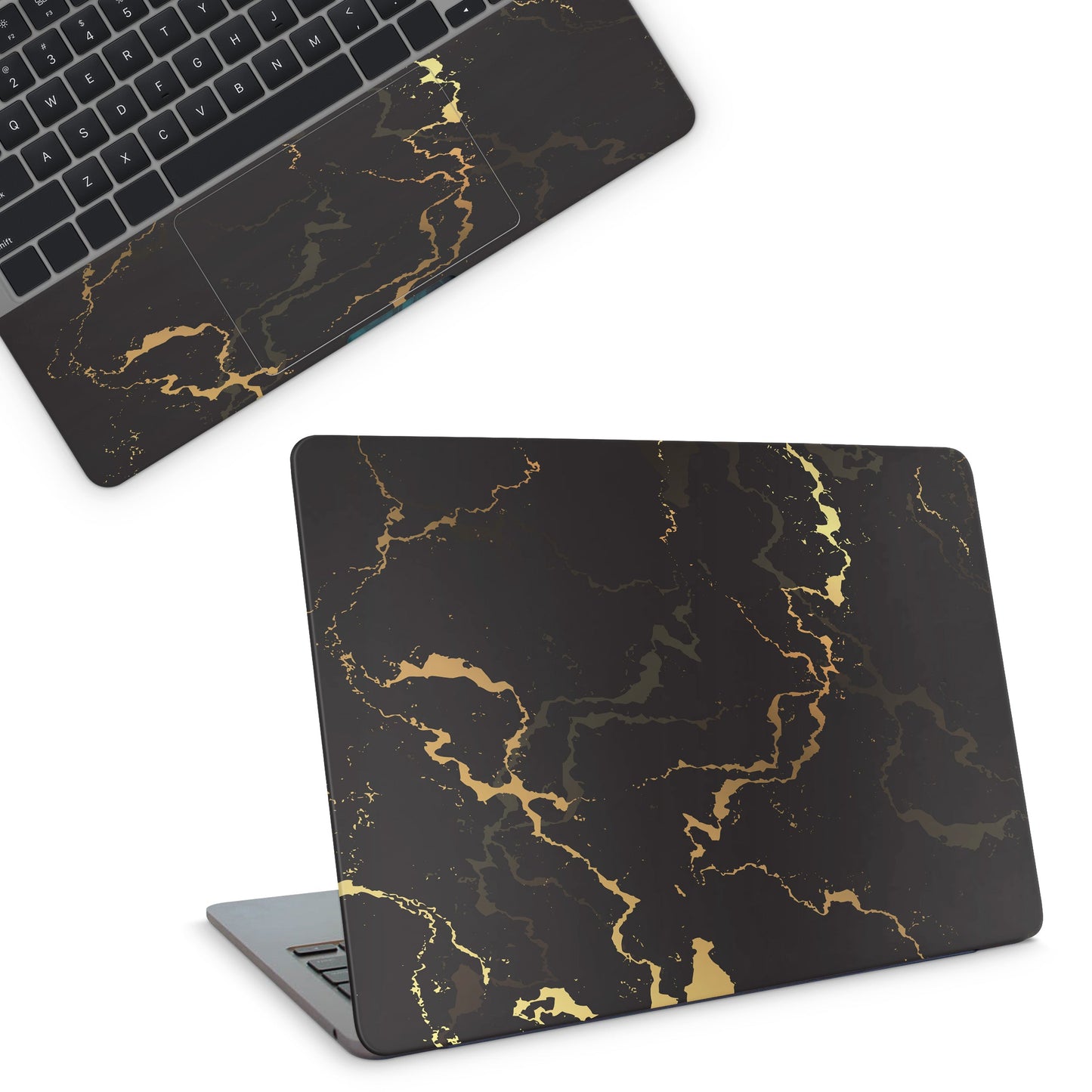 Laptop skins - black and gold marble design on a black background (top)