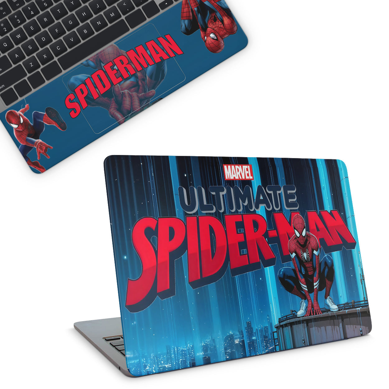 Laptop with 'Ultimate Spider-Man' design and a smaller view of the same design on a keyboard.