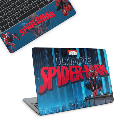 Laptop with 'Ultimate Spider-Man' design and a smaller view of the same design on a keyboard.