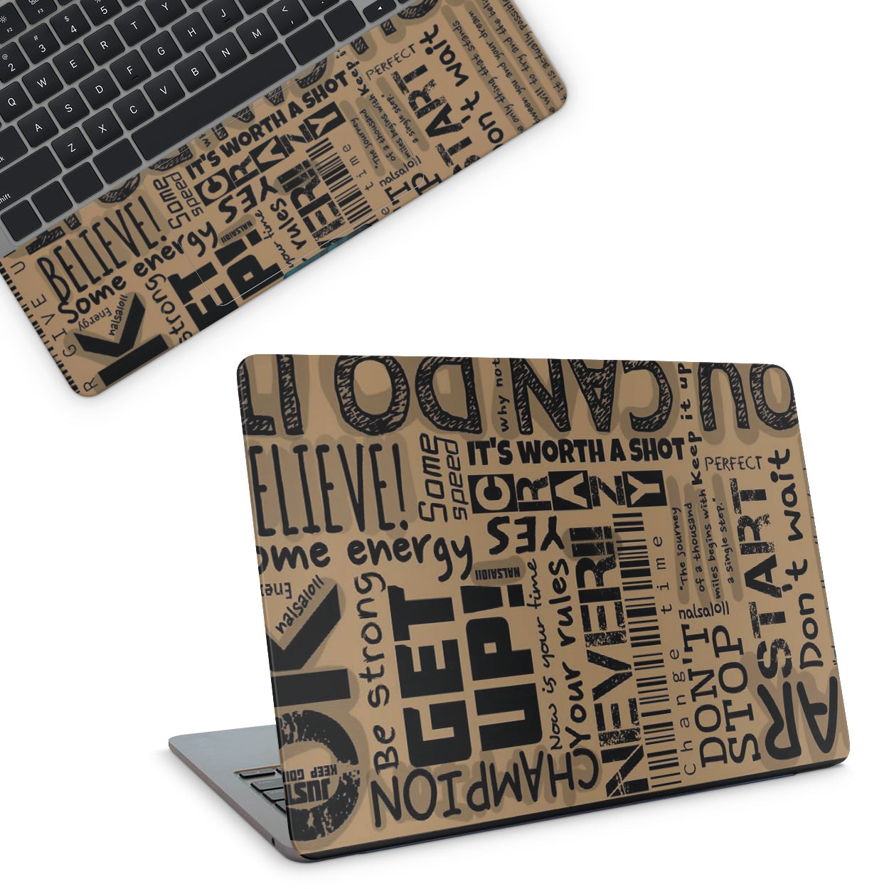 Laptop skin - a motivational text design on a brown background (top)