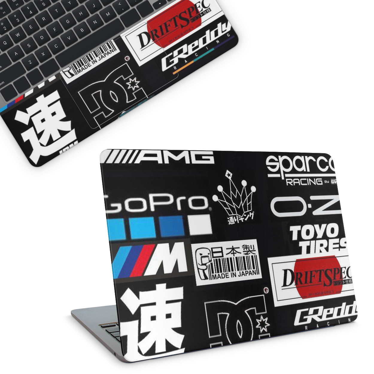 laptop skin - skin with various brand stickers on a white background (top)