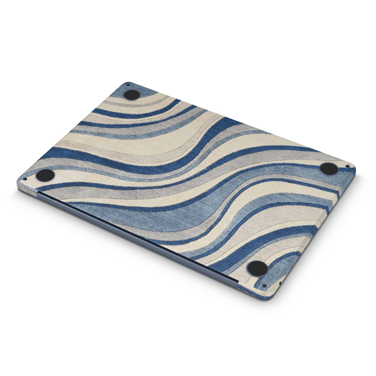 Blue and beige wavy patterned macbook skin on a white background
