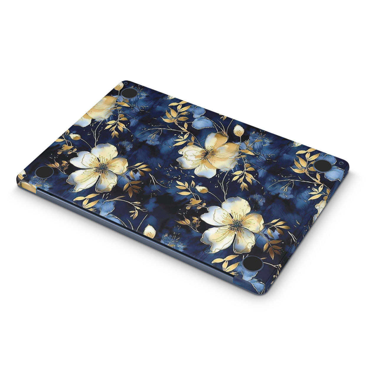 Floral macbook skin with blue and yellow flowers on a white background bottom