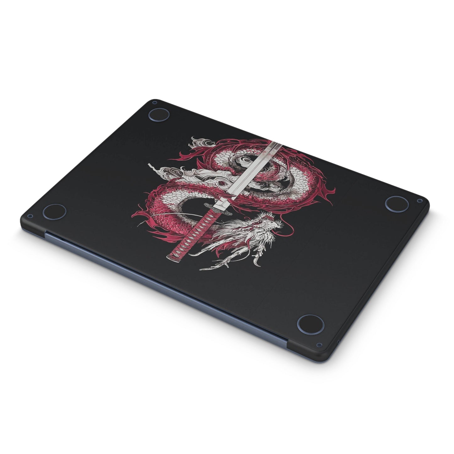 Macbook Skin - a dragon and sword design on a black background (bottom)