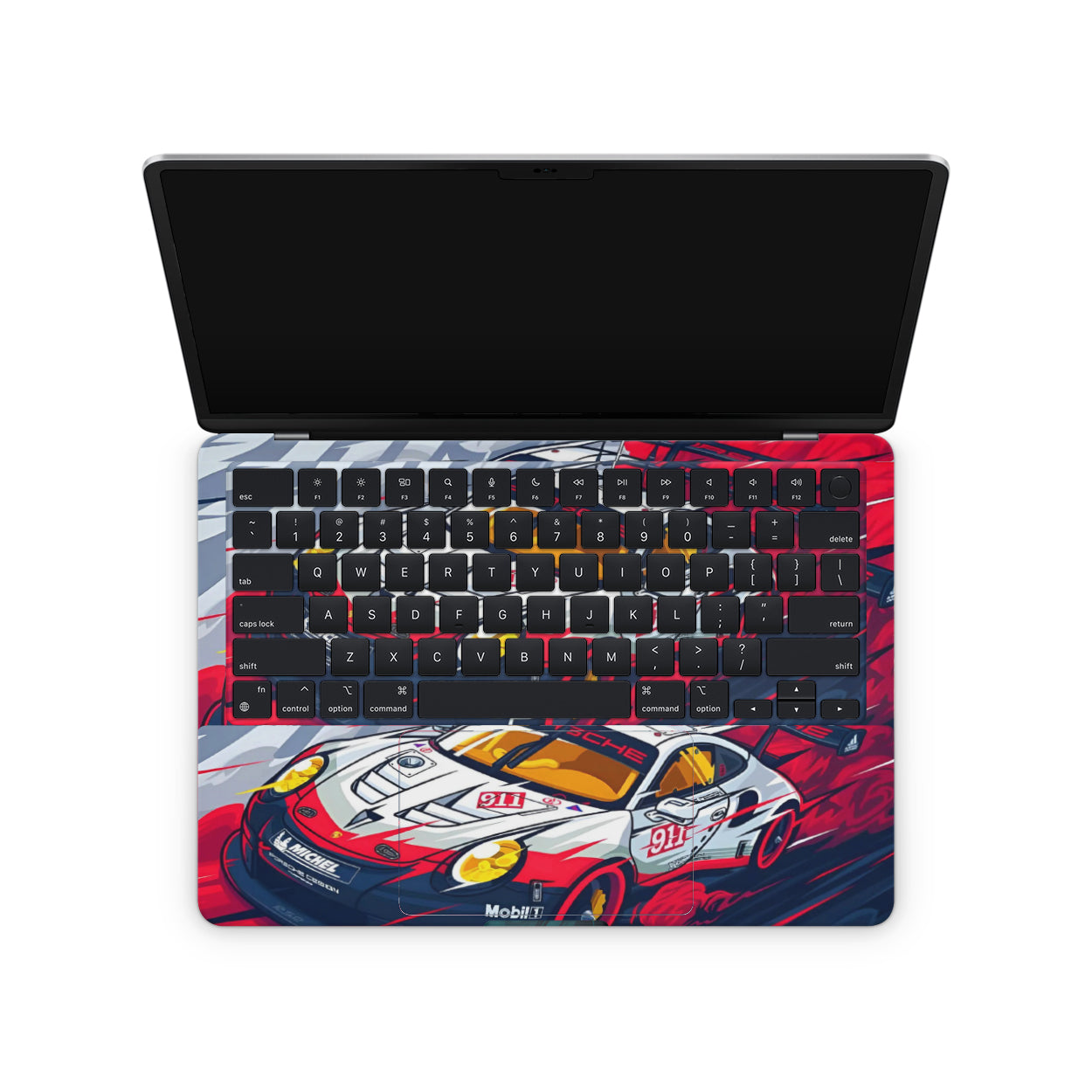 Macbook Skin with a Porsche-themed design on keyboard