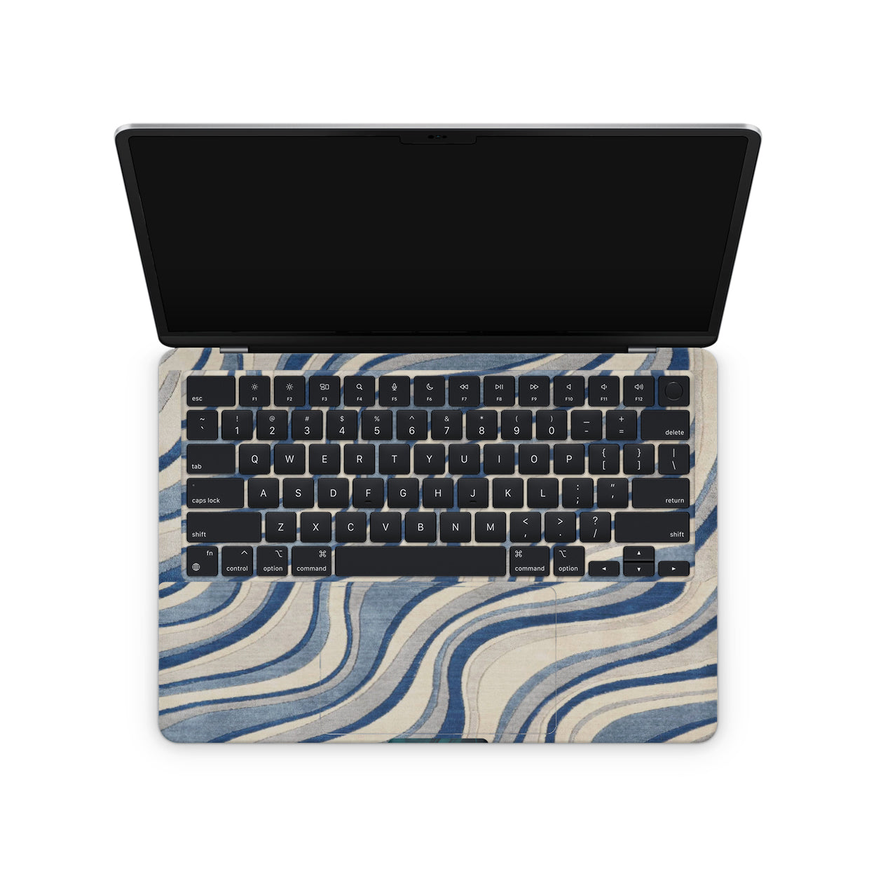 Laptop with a blue and white abstract design on the keyboard area