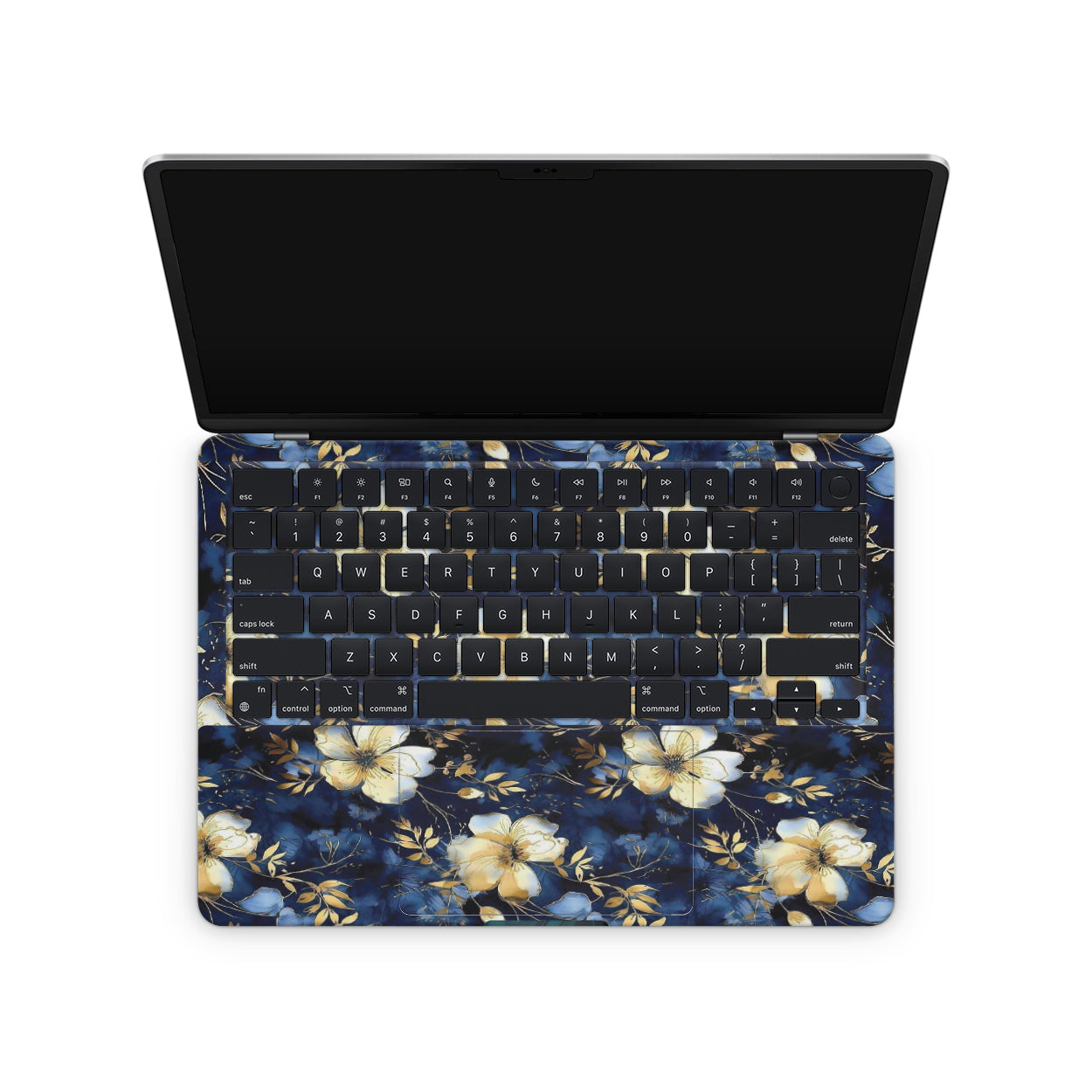 Floral macbook skin with blue and yellow flowers on a white background keyboard