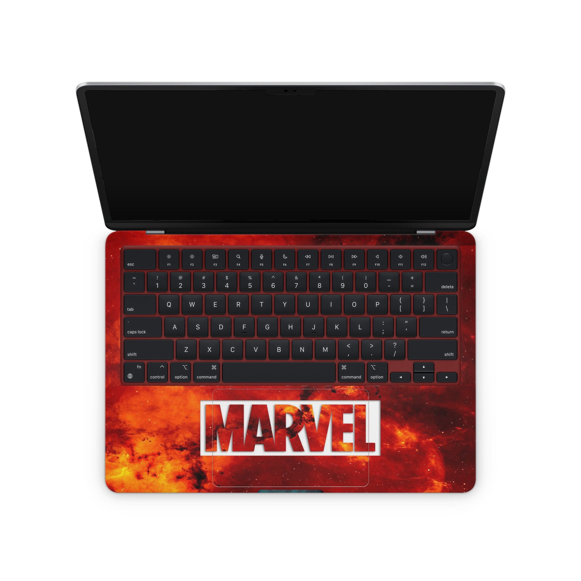 Macbook Skin - Marvel logo on a fiery background (inside)
