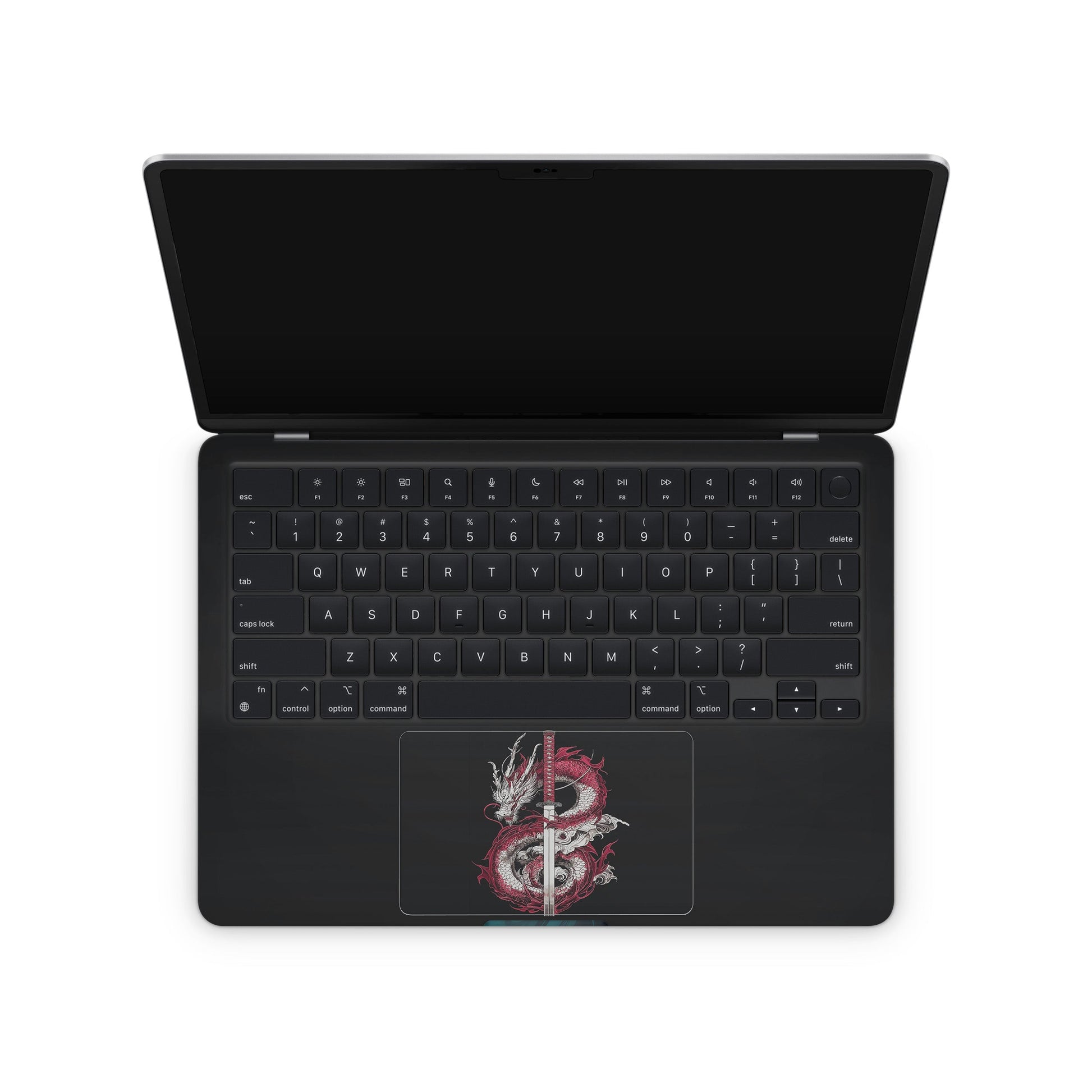 Macbook Skin - a dragon and sword design on a black background (inside)
