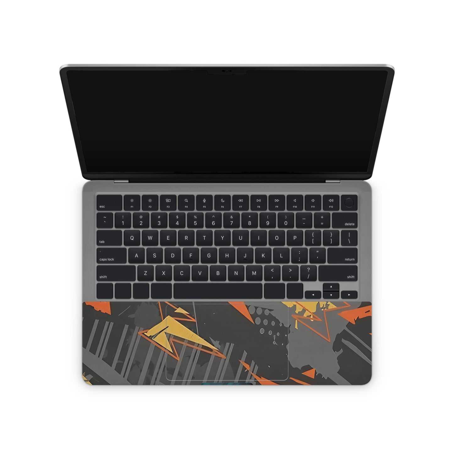 laptop skin with orange and black abstract pattern on touchpad area