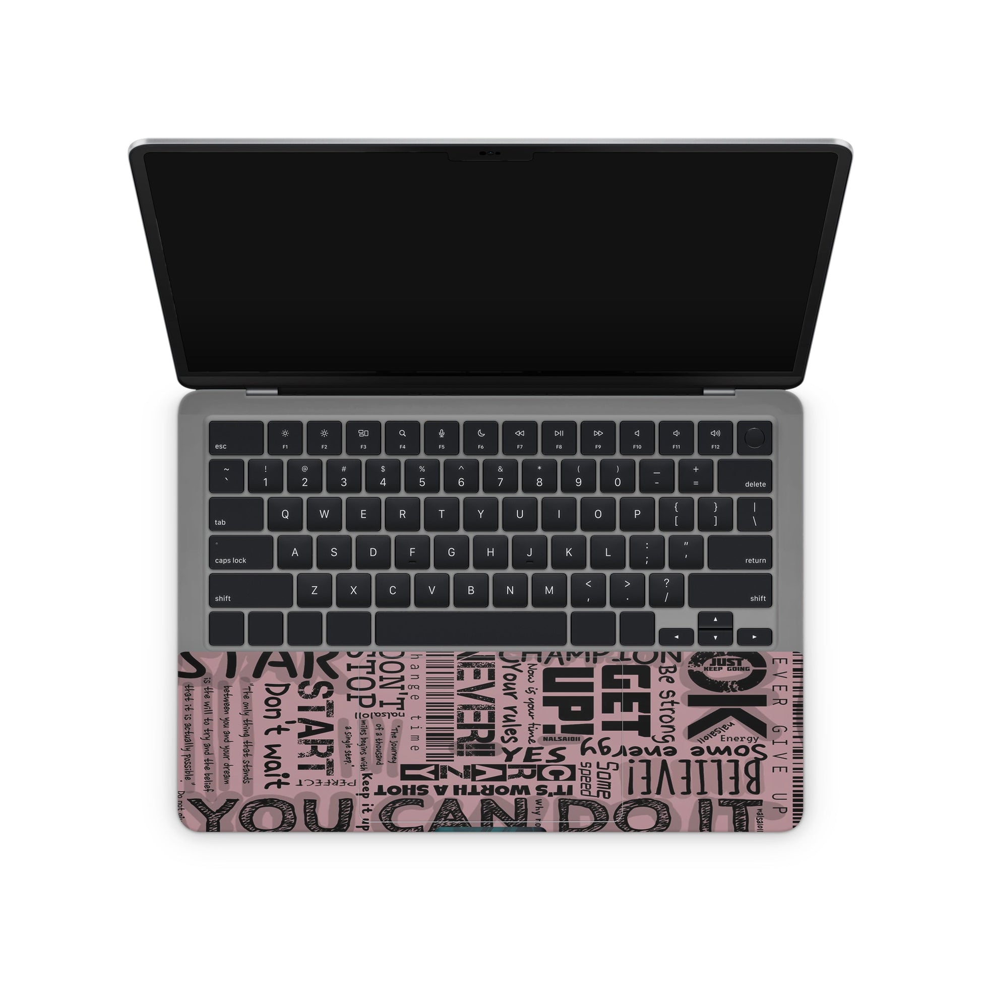 laptop skin with pink motivational quotes on touchpad area