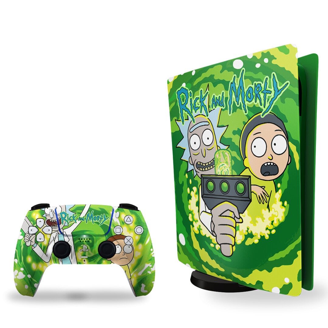 ps5 skin - rick and morty cartoon design on console and controller