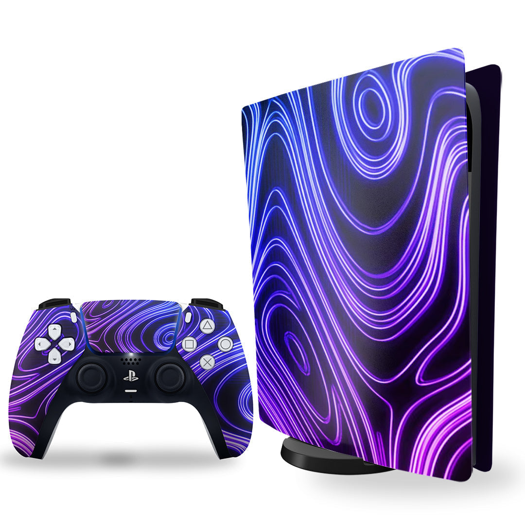ps5 skin - neon purple swirls on console and controller