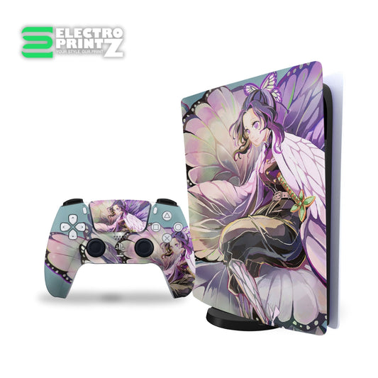 ps5 skin - demon slayer shinobu design on console and controller
