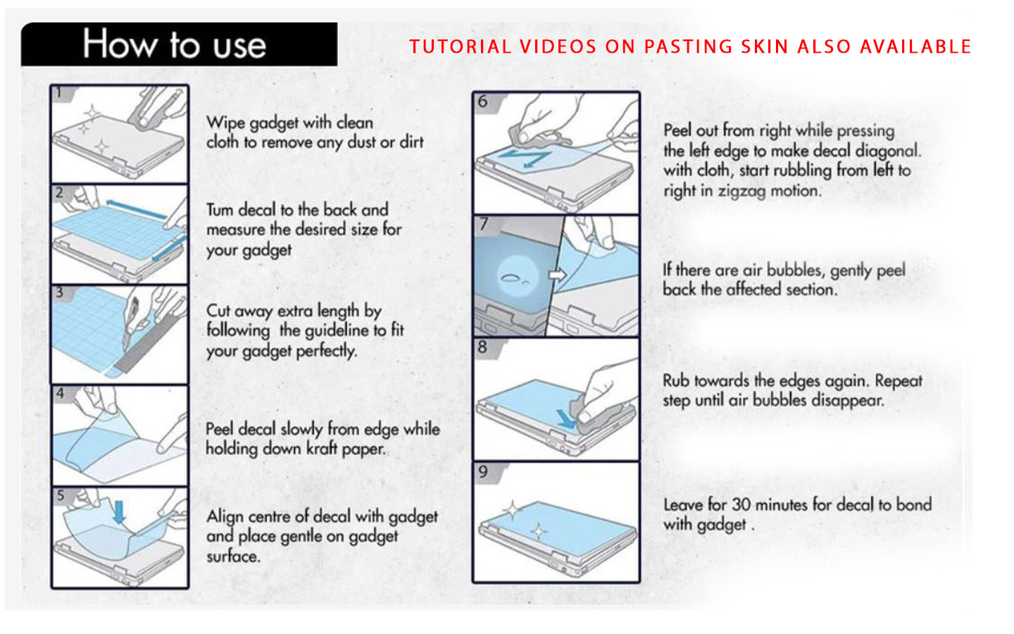 Instructions for applying a decal to a gadget with step-by-step illustrations.