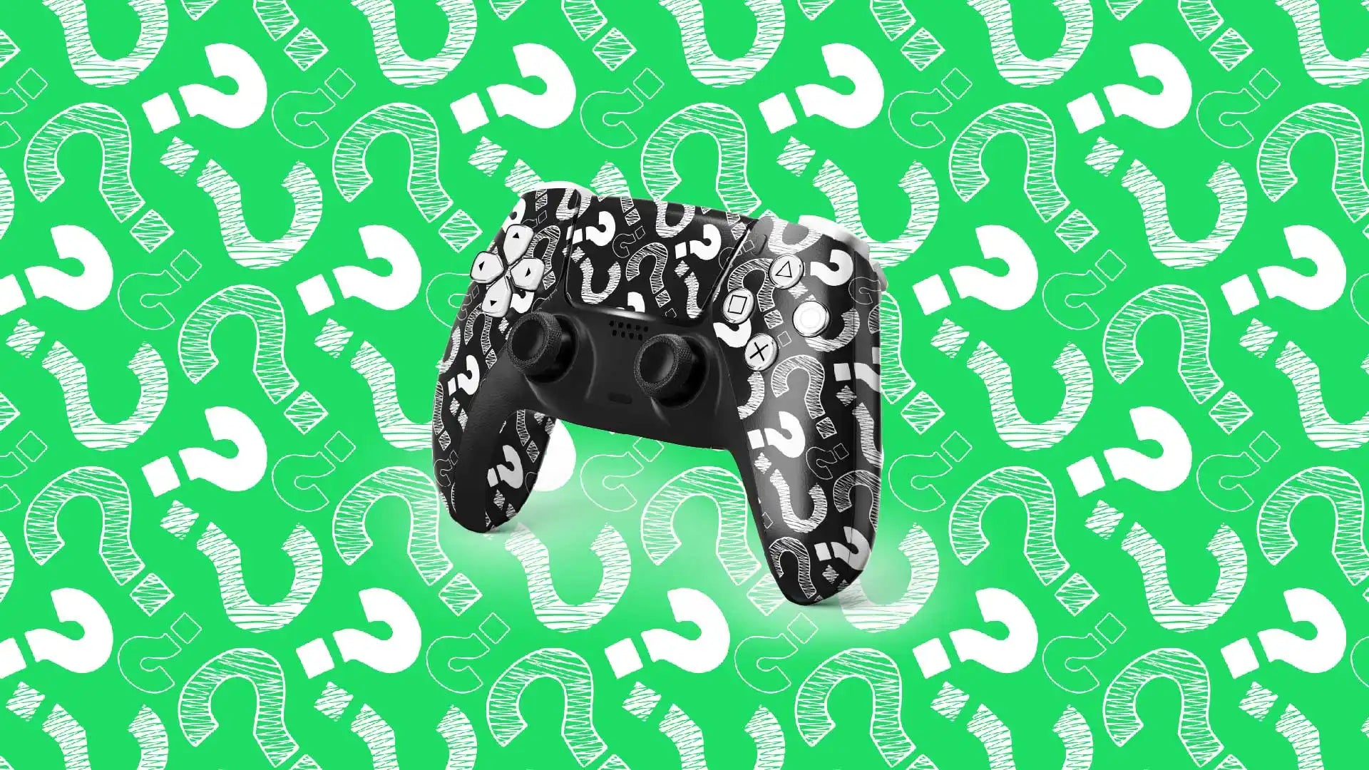 Video game controller decorated with question mark symbols on a bright green background.